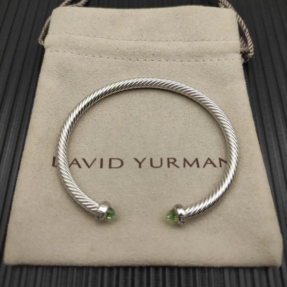 David Yurman 4mm Silver Bracelet with Light Green Diamonds